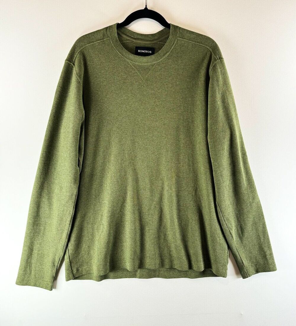 Bonobos Mens Shirt Green Waffle Crew Neck Thermal Long Sleeve Casual Tee Large